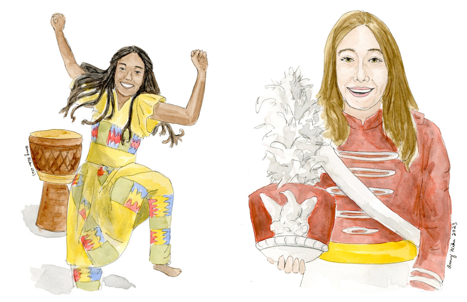 2023年STS决赛选手Kamisi Adetunji(左)和Ariella Blackman(右)的插图，由艺术家Amy Wike创作。